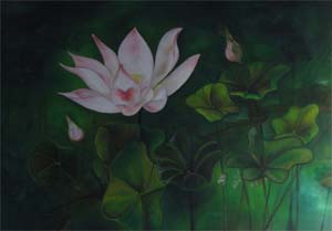 Lotusblumen mit Wanderin